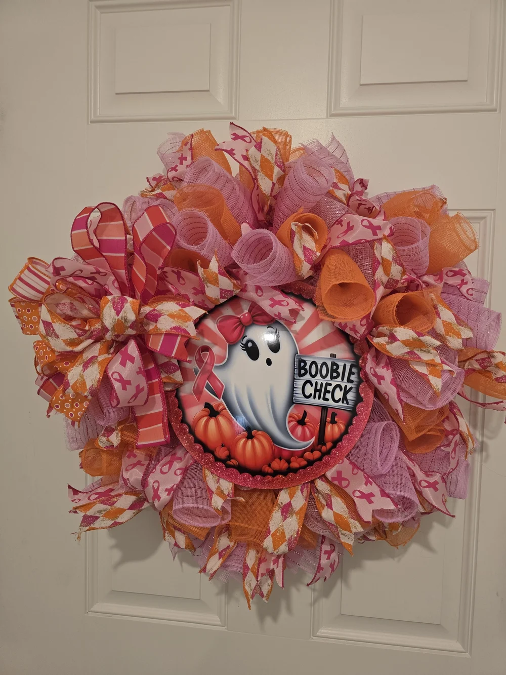 Pink & Orange Breast Cancer Awareness Holiday Wreath - Boobie Check Halloween